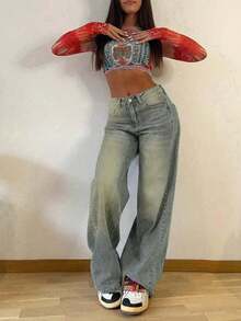 Women'S High-Waist Wide Leg Jeans - Distressed Washed Denim Light Wash Blue Relaxed Fit Straight-Leg Pants, Long Length All-Season Comfort, Casual To Semi-Formal Versatile Casual Attire, Durable Non-Stretch Fabric (No Slouching Slightly Tapered Leg) - 水洗灰 - 查看 4