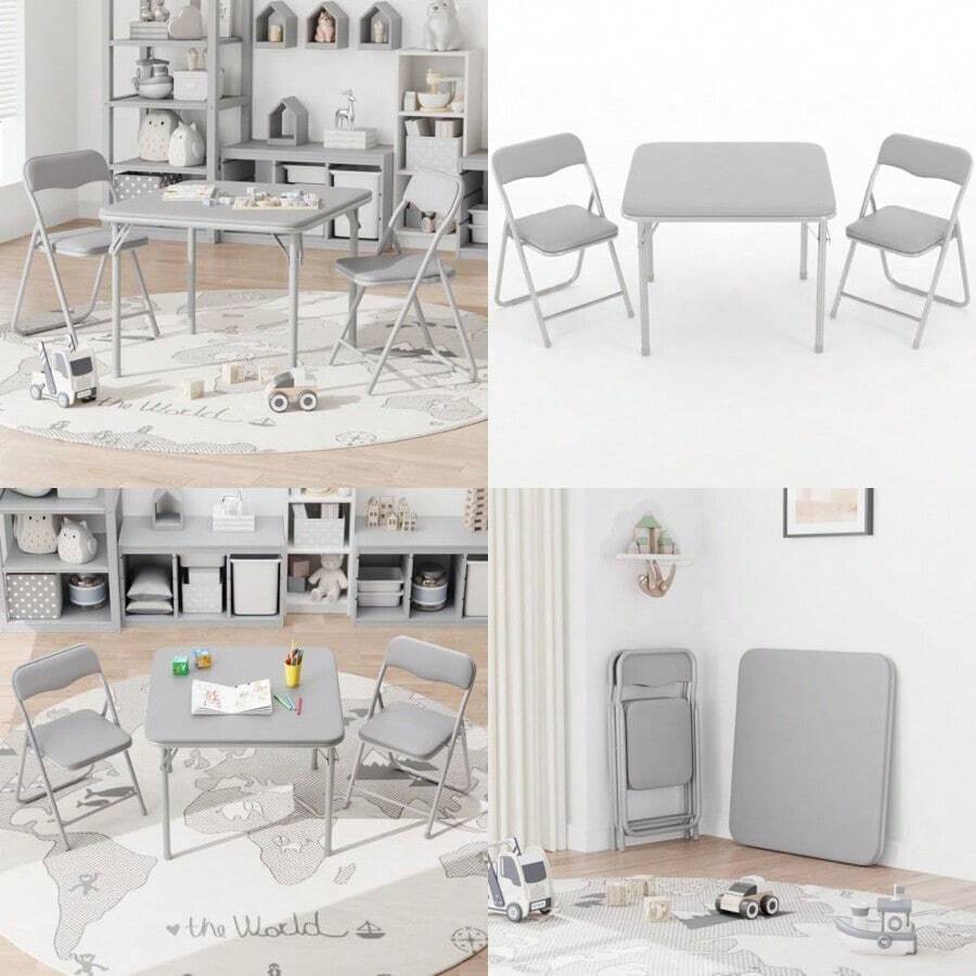 Juego De Mesa y 2 Sillas Plegables Para Niños Set Infantil Cuadrado Acolchado De Tactopiel y Estructura De Metal Muebles De Actividades Seguros Para Guardería o Cuarto De Juegos No Requiere Armado - Gris - Ver 1