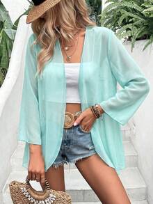 EARO Vacation Casual Solid Color Flare Sleeve Sheer Lightweight Jacket - Mint Blue - View 3