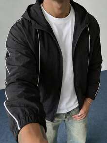 1pc Men's Black Pleated Textured Hooded Zip-Up Jacket, Lightweight Breathable Comfortable Minimalist Vintage Style Men's Outerwear, Machine Washable & Dry Cleanable, Wrinkle-Resistant, Casual Wear - Black - View 11