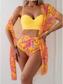 Custom Maple Leaf Print High-Waisted Slimming Bikini Swimsuit And Mesh Jacket. - Black and Blue - View 9