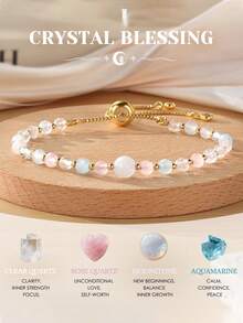 1pc Women's Natural Stone Bracelet, Containing Rose Quartz, Moonstone, And Aquamarine Healing Stones, Comes With Symbolic Card, Suitable As Friendship Gift Or For Christmas, Valentine's Day, New Semester - Multicolor - View 1