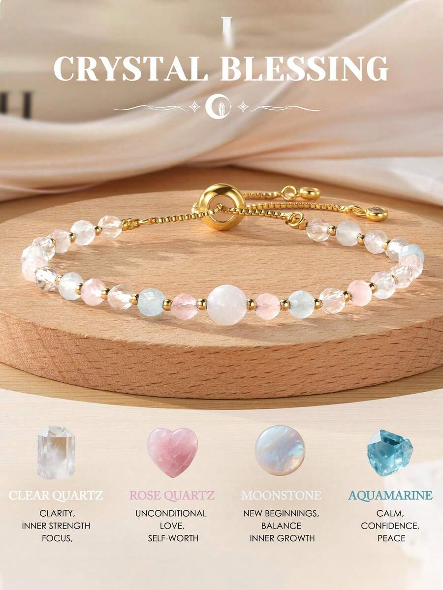 1pc Women's Natural Stone Bracelet, Containing Rose Quartz, Moonstone, And Aquamarine Healing Stones, Comes With Symbolic Card, Suitable As Friendship Gift Or For Christmas, Valentine's Day, New Semester - Multicolor - View 1