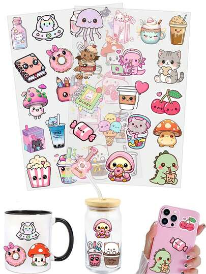 2 st. söta tecknade mini UV DTF avtagbara överföringsklistermärken, lämpliga för muggar, kaffekoppar, glasmuggar, vaser, bärbara datorer, telefonfodral, gratulationskort, illustrationsanteckningsböcker, planerare, klippböcker, album och heminredning, julklappar