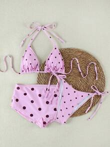 Bộ bikini tam giác chấm bi hồng đen phong cách ngọt ngào, đồ bơi gợi cảm buộc dây cổ giúp thon gọn vóc dáng. - Nhiều màu - Xem 2