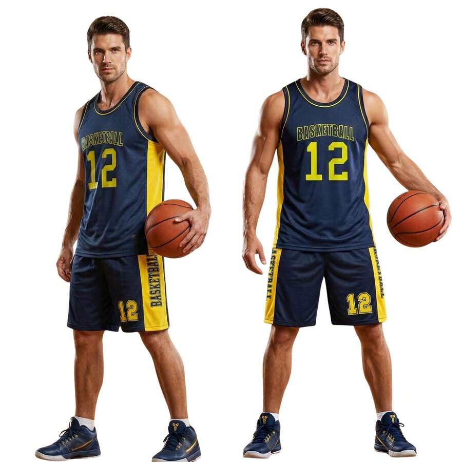 Men's Adult Sports Set: T-Shirt With Basketball Shorts - Black and Yellow Basketball - View 1