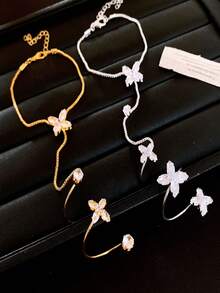 两件套闪耀钻石花朵手链，时尚简约气质腕带戒指，独特设计，甜美手工饰品 - 手鍊 - 查看 1