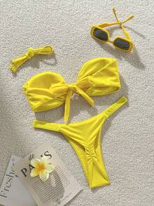 2pcs Women's Swimwear - Lemon Yellow Bikini Set With Metal Ring Decor And Ruched Design | Fresh Summer Beach Outfit Vacation - Yellow - View 9