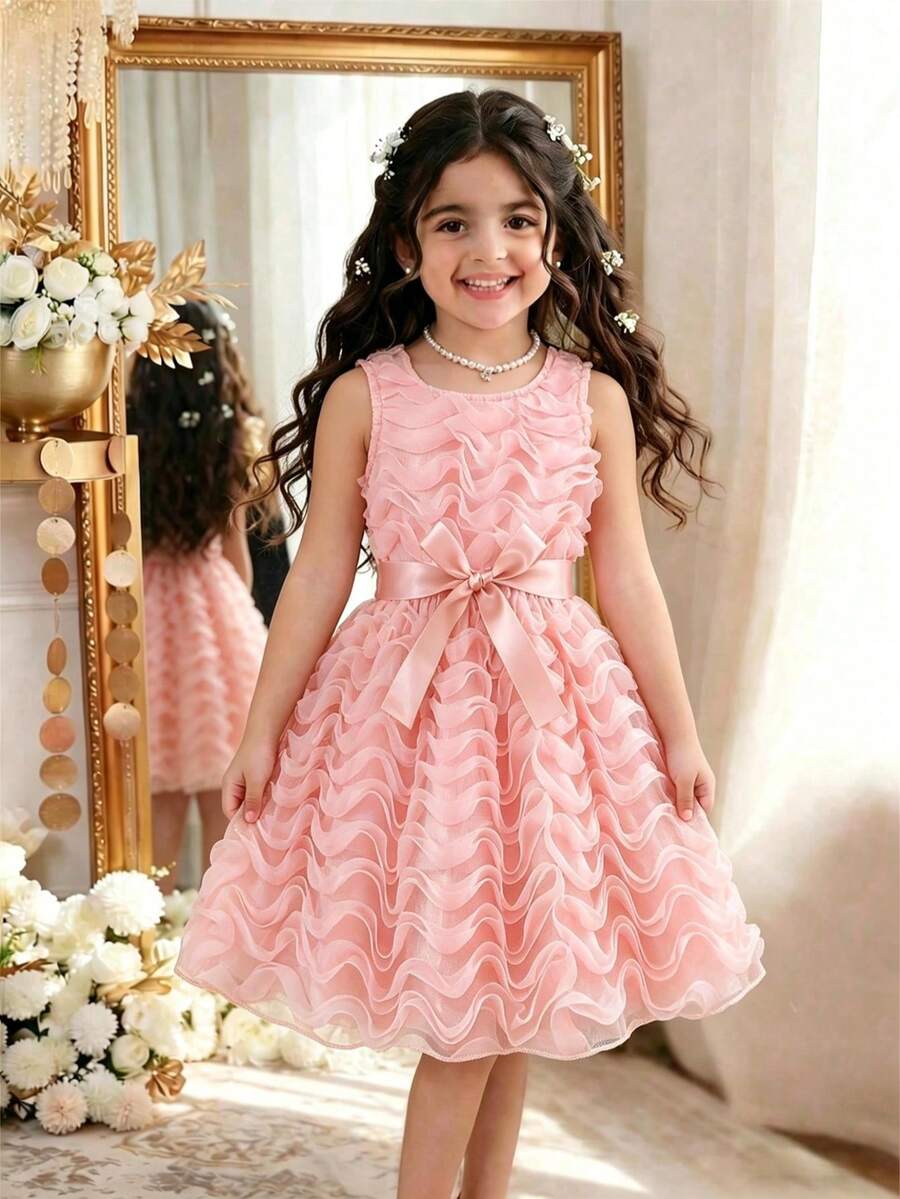 Young Girls' Round Neck Ruffle Mesh Bodice Waist Tie Bow Decor Princess Dress, Elegant Fashion Summer (Detachable Belt Included) - Pink - View 1