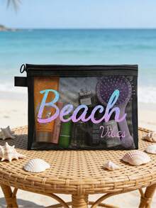 Bolsa de playa de malla impermeable y colorida con estampado impreso "Beach Vibe", temática de playa, bolsa de cosméticos transparente de gran capacidad, bolsa de almacenamiento para viajes de playa de verano, estuche de maquillaje con cremallera de nailon, ligera, puede almacenar protector solar, aperitivos, bikini y artículos esenciales de playa. Almacenamiento de primavera/verano, decoración de dormitorio, vuelta a la escuela - Multicolor - Ver 4