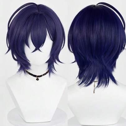 Peluca sintética corta y recta de color púrpura con flequillo, resistente al calor, para cosplay de anime y juegos, para uso diario y fiestas