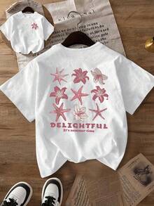 Camiseta de mujer de manga corta con cuello redondo, estampado de estrella de mar y lirio, para primavera/verano/otoño - Blanco - Ver 5
