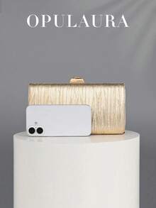 OpulAura Retro Luxury Clutch Bag, Gold Leather Pleated Design Fashion Party Purse, Elegant Box Handbag With Chain Strap, Suitable For Party/Wedding - Vàng - Xem 7