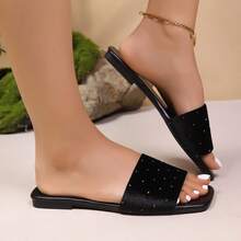 Women's Fashionable Casual Daily Wear Black Slide Sandals, Rhinestone Strap Square Toe Flat, Versatile For Summer Daily Wear - Black - View 3