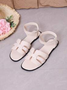 New Elegant Solid Color Korean Style Sandals, Fashionable Flat Vacation Beach Sandals, Beige Strap Sandals For Women - Beige - View 5