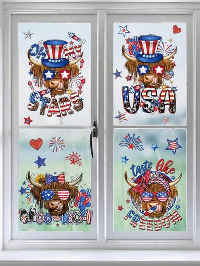 Gnome Window Clings Independence Day Highland Cattle Window Clings Fourth Of July USA Flag Window Stickers With Pentagram Lollipop Design Reusable Window Decal For Memorial Day Party Glass Door Decoration Supplies