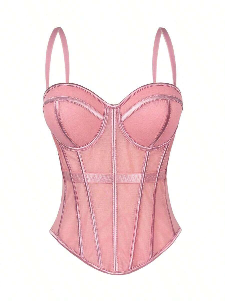 Camiseta sin espalda de malla de unicolor marrón con estilo de corsé para mujer, lencería casual de otoño/invierno negra de verano - Rosa - Ver 1