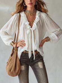 Áo kiểu nữ tay dài cổ chữ V bèo nhún thắt nơ bằng vải chiffon, dáng rộng thoải mái, vạt áo thông thường, màu trắng. - trắng - Xem 4
