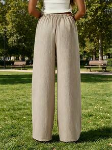 女士优雅阔腿裤，可机洗，适合办公室、派对和休闲场合穿着 - 简约设计，不透面料，百搭裤型，经典款式，轻盈舒适，时尚百搭，职业女性之选 - 卡其色 - 查看 2