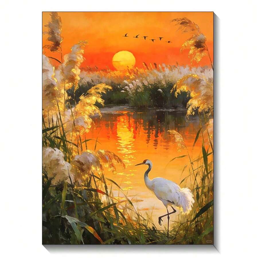 5D DIY Red-Crowned Crane Sunset Reed Lake Diamond Painting Kit,  Scenic Mosaic Art, Suitable For Home Bedroom Living Room Wall Decor, Ideal Gift For Craft 30x40cm/11.81x15.75inch - 查看 1
