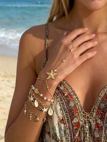 5pcs/Set Boho Beach Vacation Starfish Shell Hand Chain Bracelet Layered Cowrie Pearl Finger Ring Jewelry Set,Suitable For Summer Beach - Yellow Gold - View 3