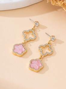 1 Pair Luxury Elegant Shiny Hollow Four-Leaf Clover & Five-Leaf Clover Pendant Earrings, Suitable For Summer Beach Wear - 粉色 - 查看 2