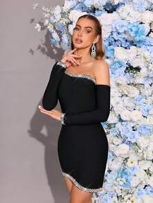 Modphy Turtleneck Sparkling Rhinestone Long Sleeve Bandage Bodycon Dress, Elegant For Gala And Party Wedding - Black - View 4