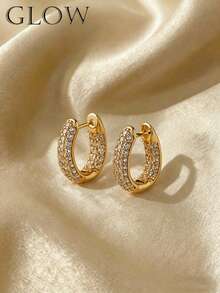 一对铜质时尚优雅个性复古百搭水钻几何圈形耳环，适合少女日常、节日、派对佩戴 - 幾何 - 查看 7