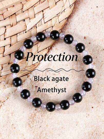 Natural Black Agate&Amethyst Bracelets,Protection, Healing, Anxiety Relief,Suitable For Both Men And Women,Stretch Jewelry,Ideal For Daily Wear