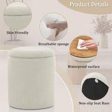 Round Ottoman With Storage, Set Of 2, Small Vanity Stool As Vanity Chair, Corduroy Ottoman Foot Rest For Small Space, Living Room, Bedroom, Beige - Màu be - Xem 6