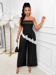 AIJ Elegant Strapless Long 2 Pieces Dress, With White Lace Trim, Suitable For Formal Occasions And Graduation Parties Black Summer - Black - View 5