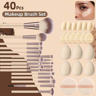 Bộ dụng cụ trang điểm đa năng 40 món bao gồm 20 cọ trang điểm, bông phấn tròn, mút trang điểm và bông phấn mini, bộ dụng cụ làm đẹp hoàn chỉnh cho trang điểm mặt và mắt.