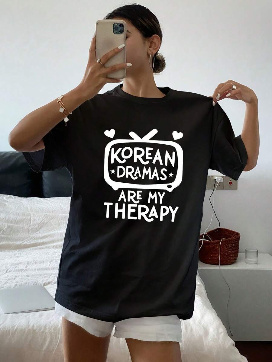 ¿Para Hombre un drama coreano? My Relax?Camiseta de manga corta con estampado de letras y eslogan, top casual de cuello redondo para verano y primavera, ropa de mujer para uso diario. - Negro - Ver 1