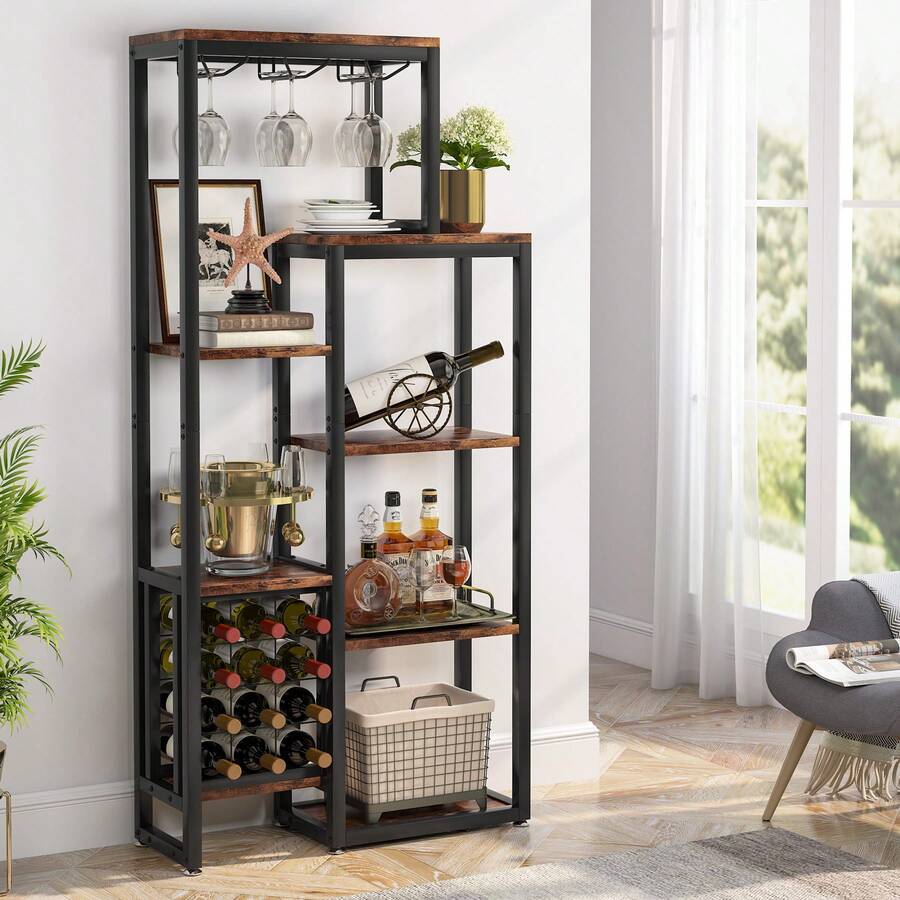 Tribesigns Wine Rack - Freestanding Floor, 5-Tier With Glass Holder, Industrial Shelf, Cabinet For Bar, Kitchen, Dining Room (Rustic) - Brown - View 1