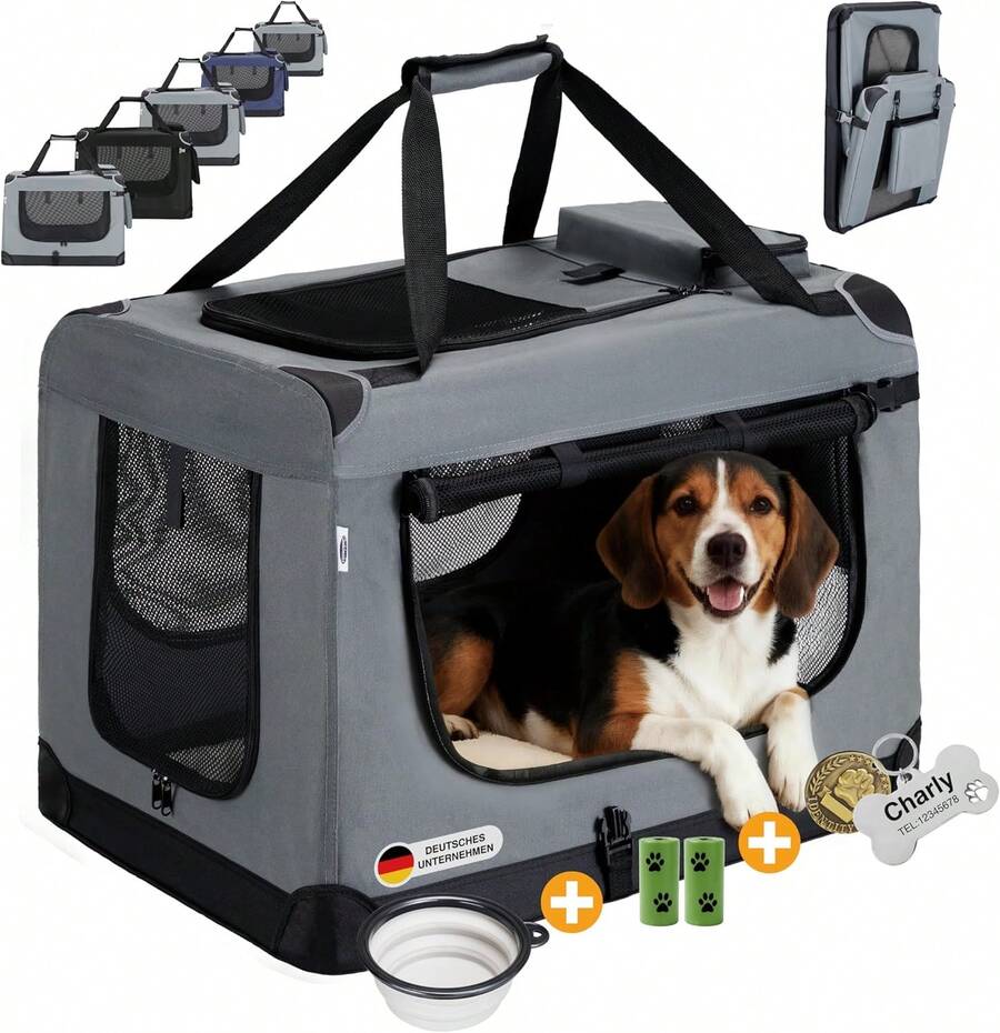 Hundebox Faltbar Hundetransportbox, robust Transportbox für Hund Groß Hundetasche Auto Haustiertransportbox für Unterwegs & Zuhause - Grau - Übersicht 1