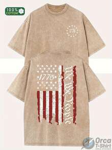 230g Heavyweight Vintage 1776 American Flag And Independence Day Patriotic T-Shirt, Unisex, Washable, Short-Sleeved, Round Neck, Machine Washable, Casual Summer Outdoor Independence Day Clothing For Men And Women, With Historical Designs On The Front And Back, Ideal For Holiday Gifts (17762024). 230g Wax Print, Loose Fit, Geometric Pattern, Suitable For Men And Women In Spring/Summer - [棕色的] - 查看 1