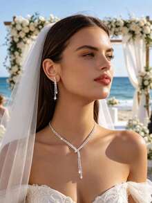 2pcs Sparkling Copper Alloy Rhinestone Tassel Earrings & Necklace Set, Elegant Fashion Jewelry For Party, Wedding, Banquet, All Seasons - Silver - View 3