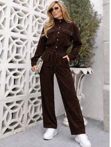Women's Corduroy Long Sleeve Two-Piece Set, Elegant Casual Aerolook, Perfect Fit, Jacket With Buttons And Functional Pockets, Sizes M And L, Premium Quality, Various Colors Available, Autumn/Winter Season, Warm - 鏽棕色 - 查看 3