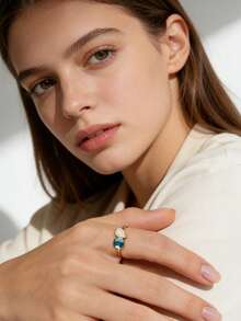 Charm-In Anillo abierto chapado en oro de 18K con cristal cuadrado azul y ópalo, exquisita joya de mujer con doble gema, estilo exagerado ajustable - Dorado - Ver 2