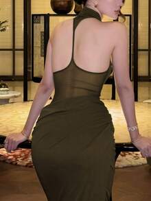 Women's Swinging Collar Ruched Mesh Patchwork Long Dress Sexy Elegant Backless Slim Fit Spaghetti Strap Dress Birthday Party Club Clothes Wedding Fall - Olive Green - View 10