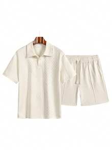 Conjunto de pantalones cortos y camiseta casual de hombre de unicolor con tela de jacquard - Albaricoque - Ver 2