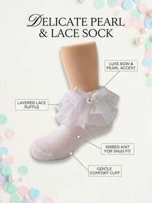 1Pair Baby Girl White Lace Ruffle Socks With Faux Pearl Bow, Cute Princess Ankle Socks For Toddler Infant - White - View 3