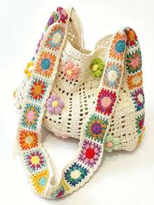 Handmade Crochet Grandmother Plaid Shoulder Bag, Colorful 3D Floral Woven Tote Bag, Bohemian Style Beach Bag, Hollow Knitted Vintage Bag, Dopamine Outfit Bag, Handwoven Bag, Large Capacity Underarm Bag For Summer, Elegant Crochet Handbag, Atmospheric Travel & Photo Prop Bag - Multicolor - View 2