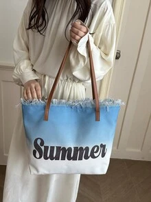 大容量帆布手提袋，刺绣字母设计，女士手提包、单肩包、沙滩包、通勤包 - 天藍色 - 查看 2
