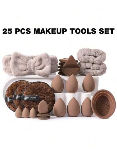 25PCS Makeup Tools Set Including:1pc Hairband+2PCS Hand Bowl Strap+1pc Makeup Brush Cleaning Tools+6PCS Triangle Powder Puffs+6PCS Makeup Sponges+3PCS Mini Air Cushion Powder Puffs+3PCS Mini Makeup Sponges+3PCS Facial Cleansing Sponges