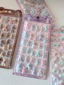 可爱柔软绒面小熊和小兔子贴纸 - 6 款 3D 立体泡沫动物贴纸，可用于装饰水瓶、笔记本电脑、手机壳等 - color - 查看 2