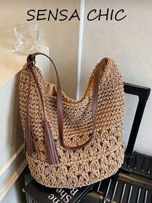 Damen Schultertasche aus Cut Out gewebtem Stroh, atmungsaktive leichte weiche Häkel-Strandtasche, lässig mit großer Kapazität, perfekt für Strandurlaub, Resort-Reisen, tägliches Einkaufen, lässiges Bummeln, Outdoor-Ausflüge, Wochenend-Treffen, ideal - Khaki - Übersicht 7