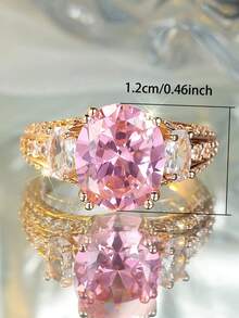 Vanel 1 chiếc nhẫn mạ vàng sang trọng đính đá Cubic Zirconia màu hồng, thiết kế ba viên đá tinh tế, trang sức thời trang, phù hợp để đeo hàng ngày và dự tiệc. - Vàng-Hồng - Xem 5