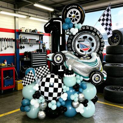 1 Set Cool Racing Car Themed Balloon Column Kit, Includes Large Black Number Balloons, Realistic Tire Shaped Balloons, Racing Car Decor Balloons, And Black & White Checkered Balloons, Suitable For Son's Birthday Surprise Gift, Children's Racing Party Decor, Boy's Car Lover Birthday Photo Backdrop, Parent-Child Racing Theme Party Decoration