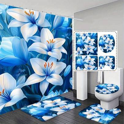 Bộ 1/4 phòng tắm gồm rèm tắm phẳng 2D họa tiết hoa súng xanh rực rỡ, thảm chống trượt và bọc bồn cầu – bộ thảm phòng tắm mềm mại, thấm hút tốt và 12 móc treo. Món quà trang trí nhà cửa tinh tế và tiện dụng này là vật dụng thiết yếu cho mọi gia đình. Cửa hàng cung cấp nhiều kiểu dáng để lựa chọn.